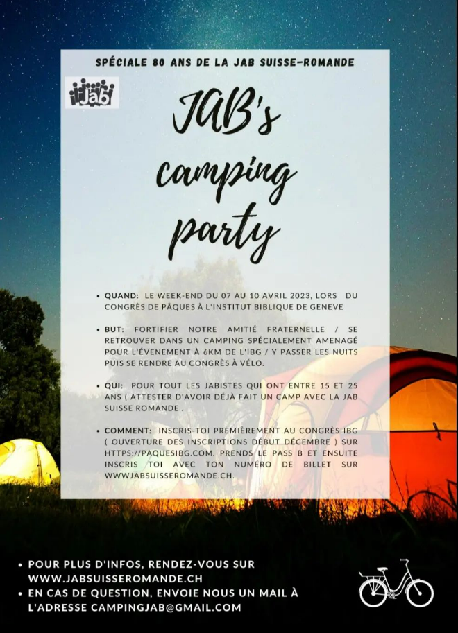 JAB Suisse Romande Camping Party 10 Avril 2023